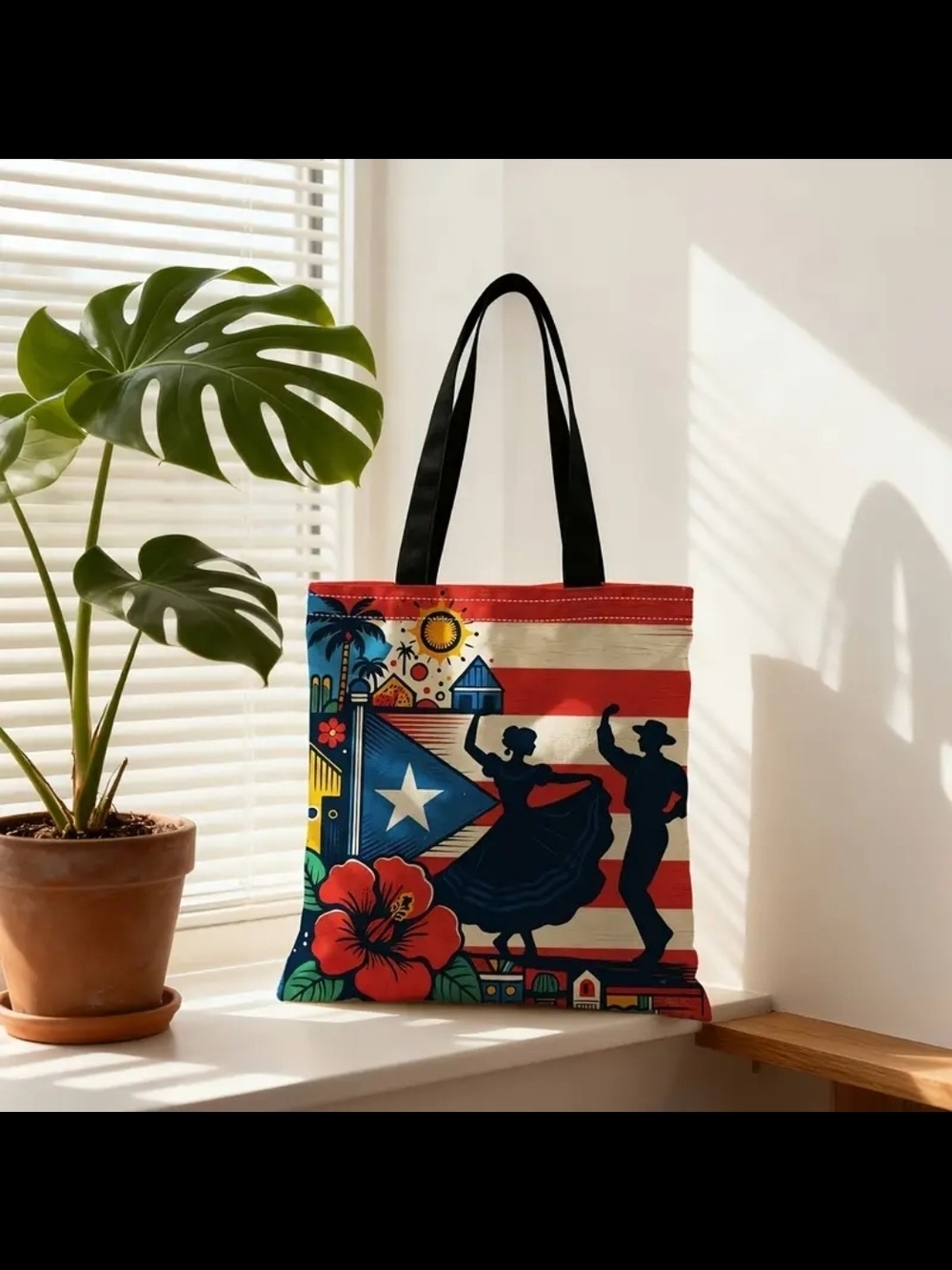 Colorful Puerto Rican Flag Tote Bag with Floral Motif - Black Handles
